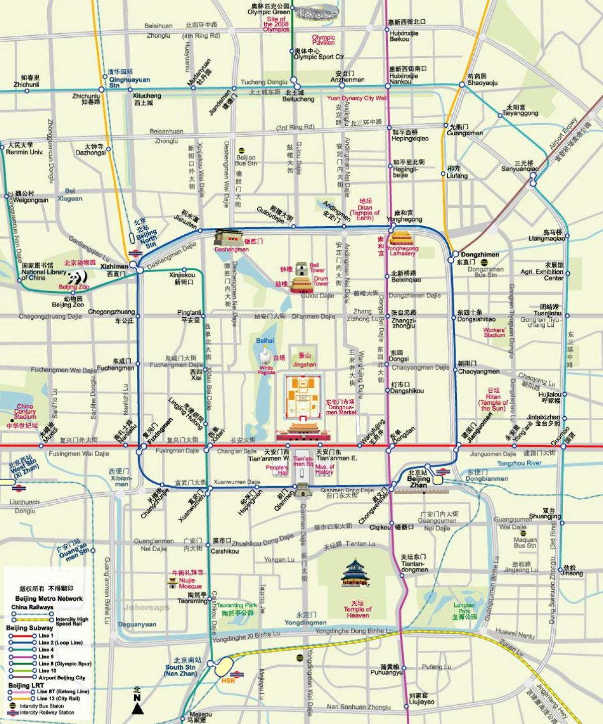 karte Pekinas metro karti ar tūrisma objektiem